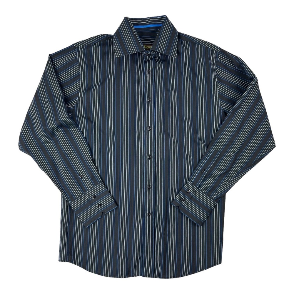 Roar‎ Long Sleeve Cotton Polyester Button-Up Shirt Black Blue Stripe Size Large